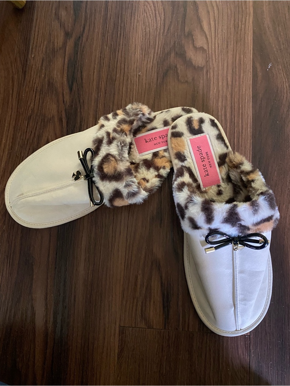 Kate Spade Cream Leather Mules with Leopard Faux-Fur Trim and Black Bow